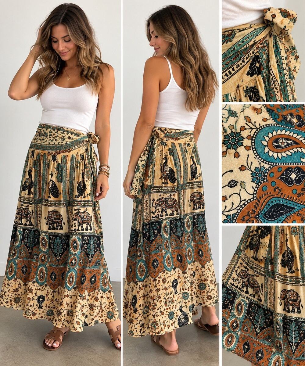 Boho Paisley Peacock Elephant Wrap Skirt Maxi Flowy Hippie Festival Size L